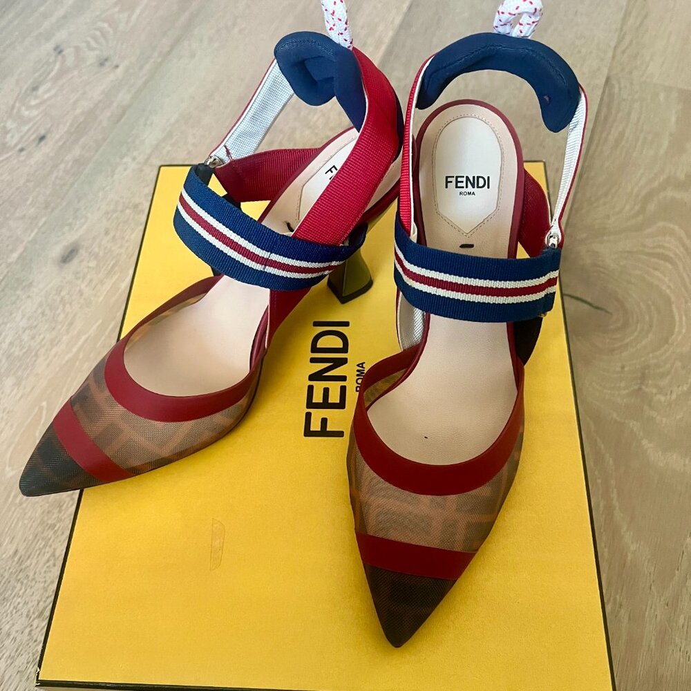 FENDI Colibrì Multicolor Tech Mesh High-Heeled Slingbacks - Red Brown Blue